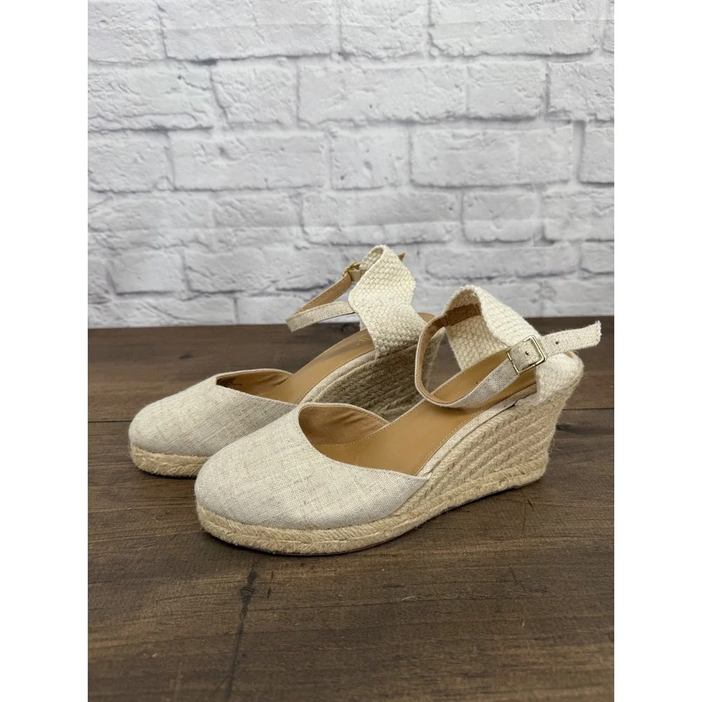 J.Crew Womens Linen Espadrille Wedge Sandals Natural Oatmeal Size 7 Buckle Strap